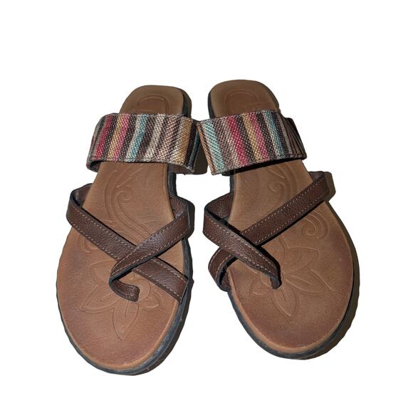 Boc Born Sandals Women's Slip-On Toe Ring Brown Striped Fabric Size 9 Beach - Picture 3 of 6